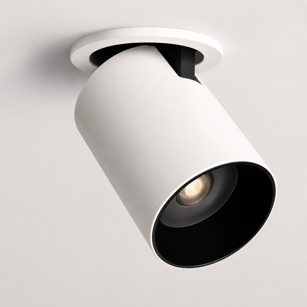 White adjustable cylindrical LED ceiling spotlight with a black interior, glowing warm white against a neutral ceiling.
