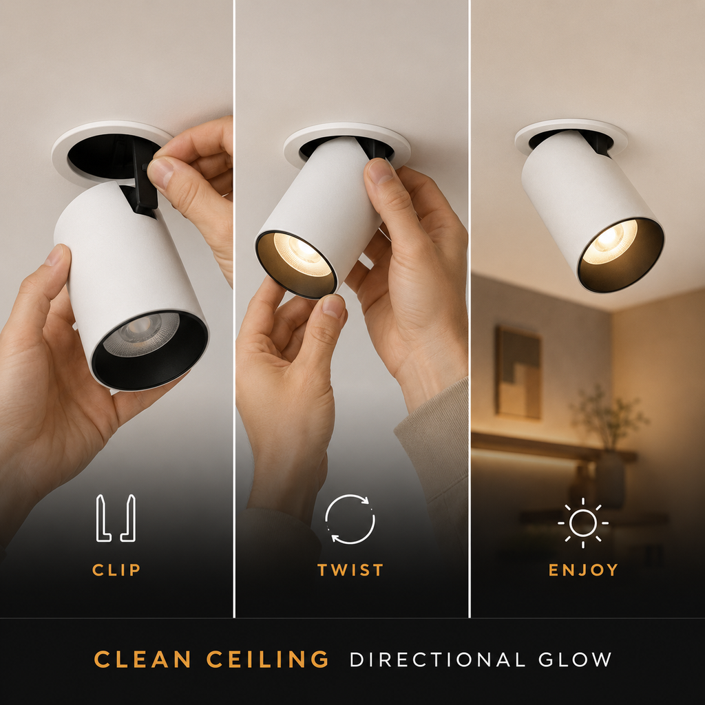 Three-panel demonstration of a white ceiling track spotlight being mounted by hands, with text labels 'CLIP', 'TWIST', and 'ENJOY' and the phrase 'CLEAN CEILING DIRECTIONAL GLOW' at the bottom.
