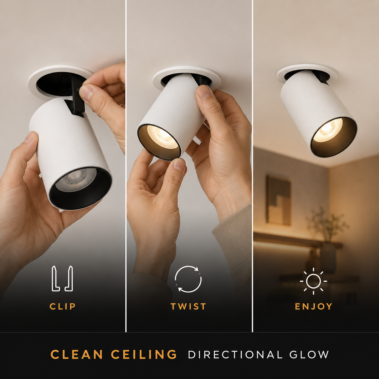 Three-panel demonstration of a white ceiling track spotlight being mounted by hands, with text labels 'CLIP', 'TWIST', and 'ENJOY' and the phrase 'CLEAN CEILING DIRECTIONAL GLOW' at the bottom.
