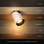 A modern cylindrical recessed ceiling light fixture shown mounted on a wall, with horizontal material options labeled paint, plaster, wood, concrete, tile, and brick. Text at the bottom reads 'FITS MODERN CEILINGS BEAUTIFULLY.