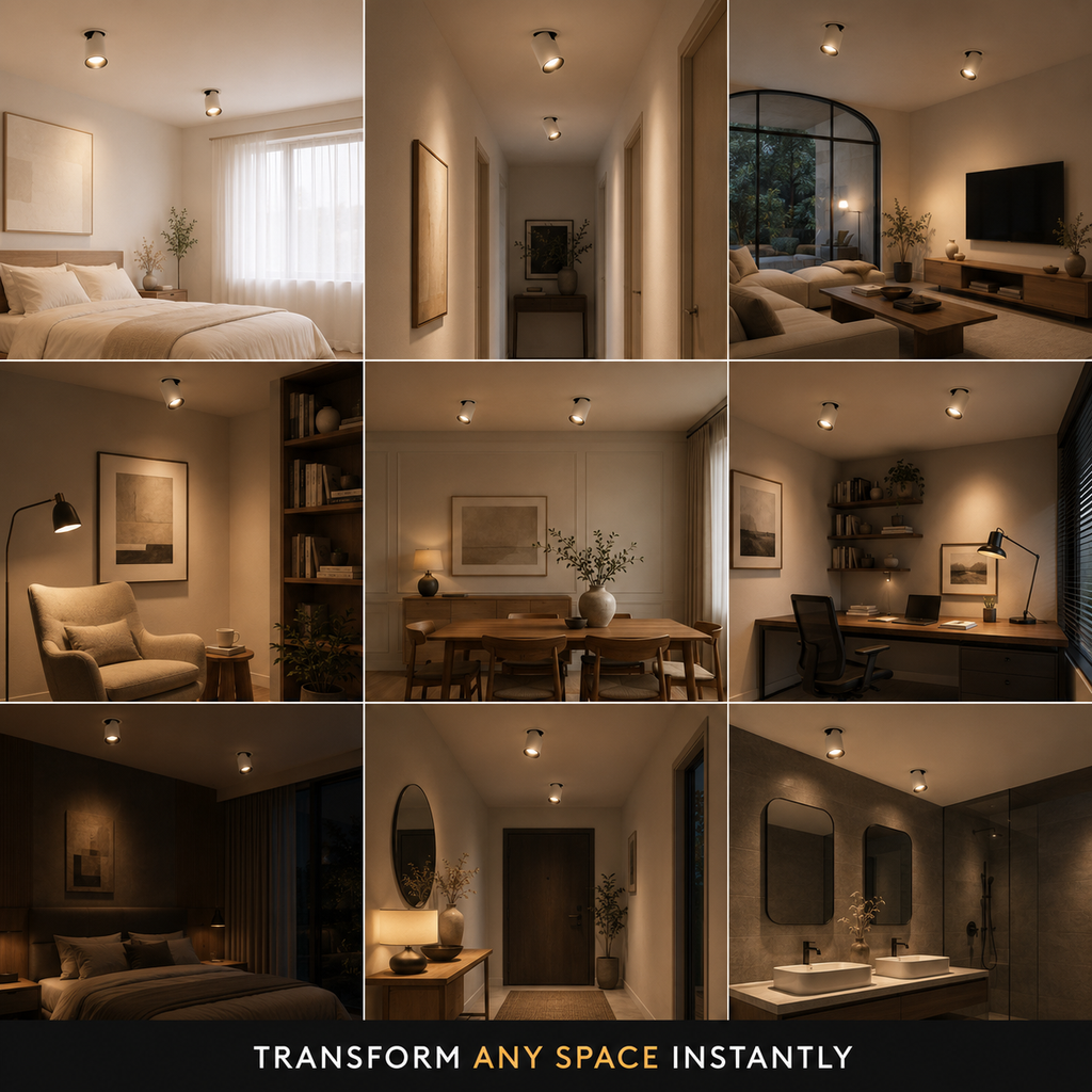 A 3x3 collage of warm, modern interior rooms including a bedroom, hallway, living room, office, dining area, and bathroom, all styled in a cozy beige-brown palette with ceiling lights and accent lamps. A black banner at the bottom reads 'TRANSFORM ANY SPACE INSTANTLY'.
