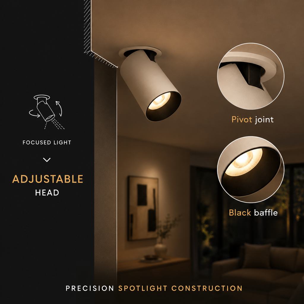 A modern adjustable ceiling spotlight shown in a warm-toned interior setting, with callout circles highlighting a pivot joint and black baffle detail. Text on the left reads 'Focused Light', 'Adjustable Head', and 'Precision Spotlight Construction'.