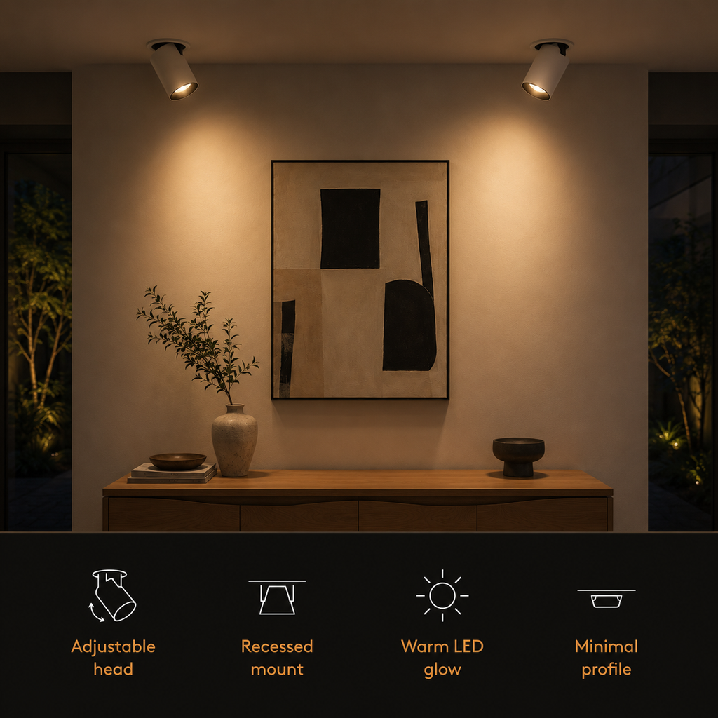 A wall-mounted two-light spotlight fixture set shown in a modern interior scene, casting warm light onto a beige wall above a console table with a framed abstract print, vase, and small bowl. A black feature banner at the bottom lists adjustable head, recessed mount, warm LED glow, and minimal profile.