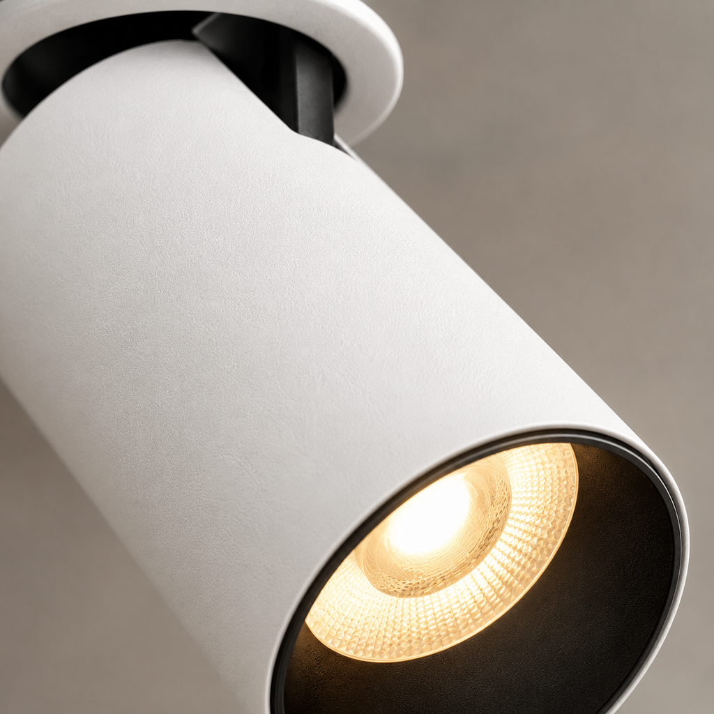 Close-up of a modern cylindrical ceiling light fixture in matte white, shown turned on with a warm yellow light glowing from the interior reflector.