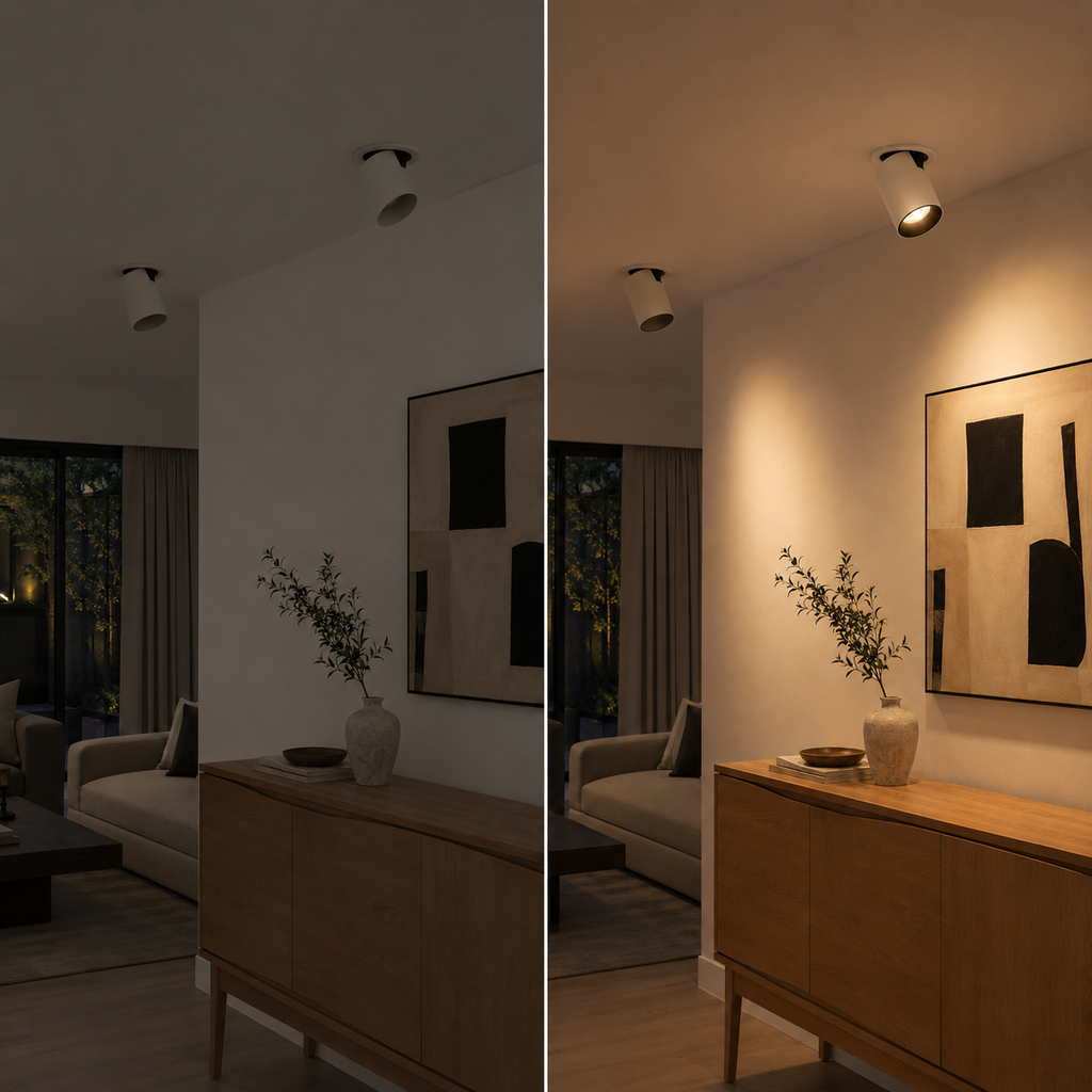 A split-screen comparison of a modern room interior, showing the same space under two lighting conditions: a cooler, unlit view on the left and a warm, illuminated view on the right. The scene includes a wooden console table, a beige sofa, a framed abstract wall art piece, a vase with branches, and a wall-mounted spotlight.