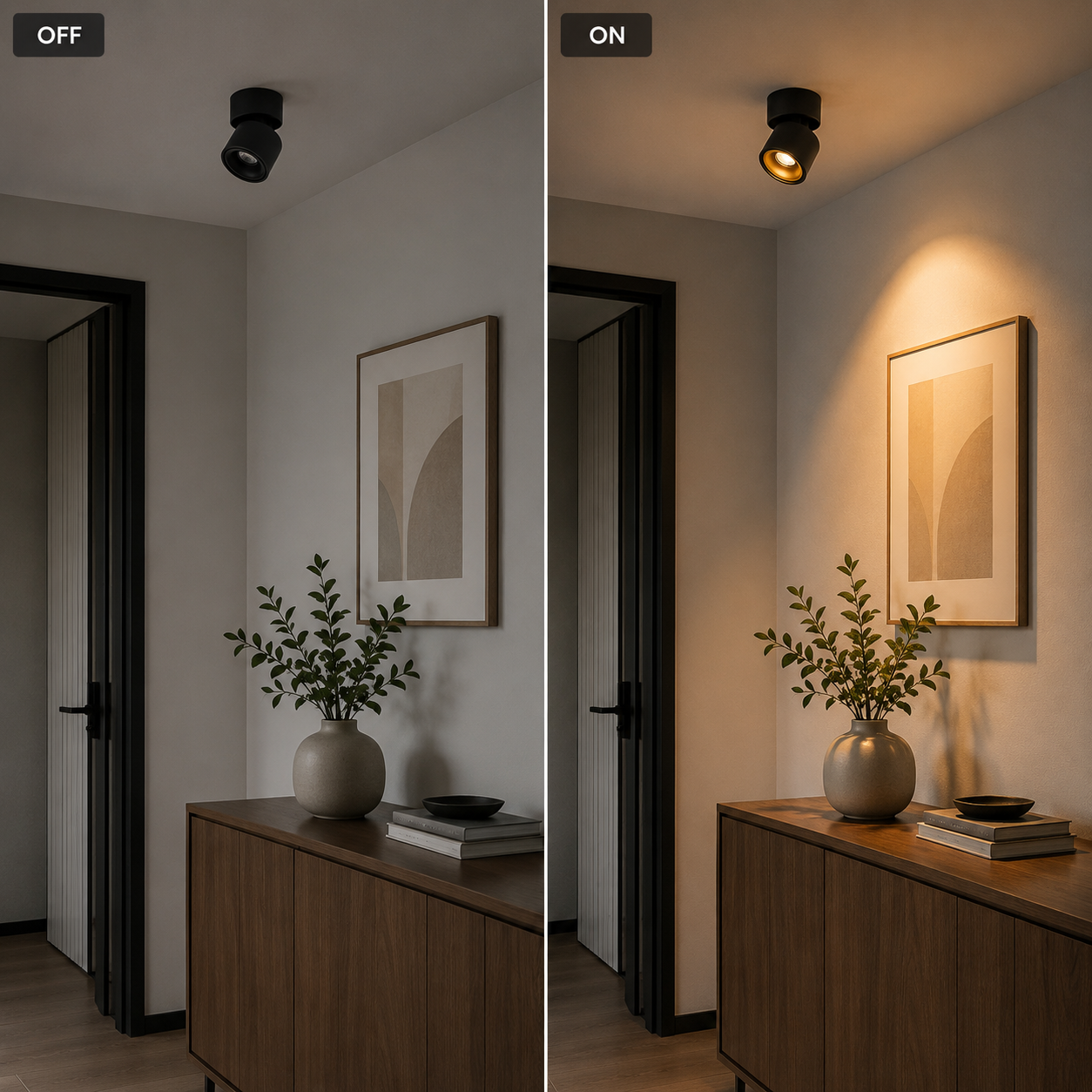 Hand adjusting round LED ceiling spotlight glowing warm white. 
