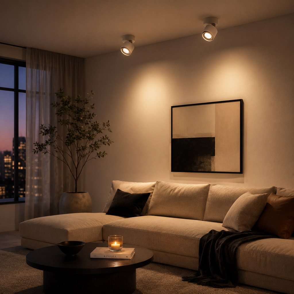 Hand adjusting round LED ceiling spotlight glowing warm white. 