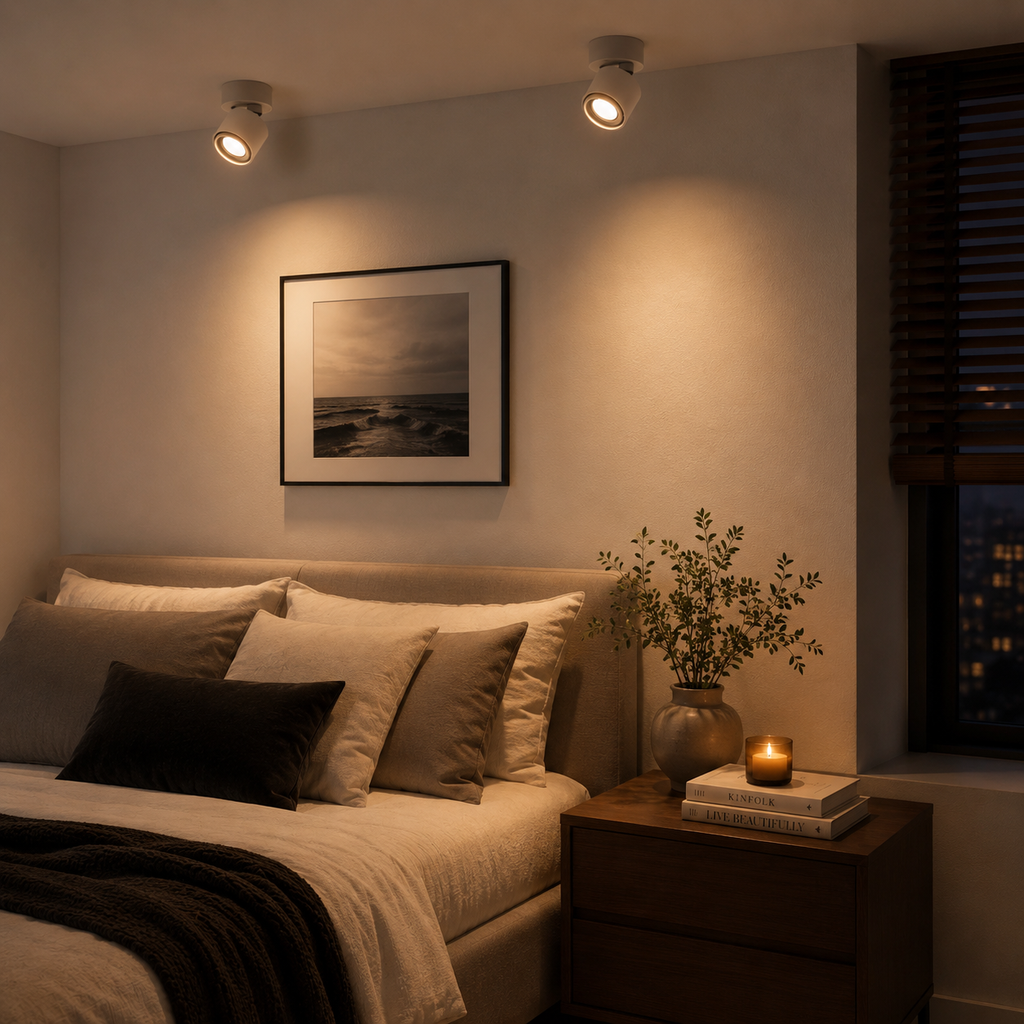Hand adjusting round LED ceiling spotlight glowing warm white. 