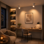 Hand adjusting round LED ceiling spotlight glowing warm white. 