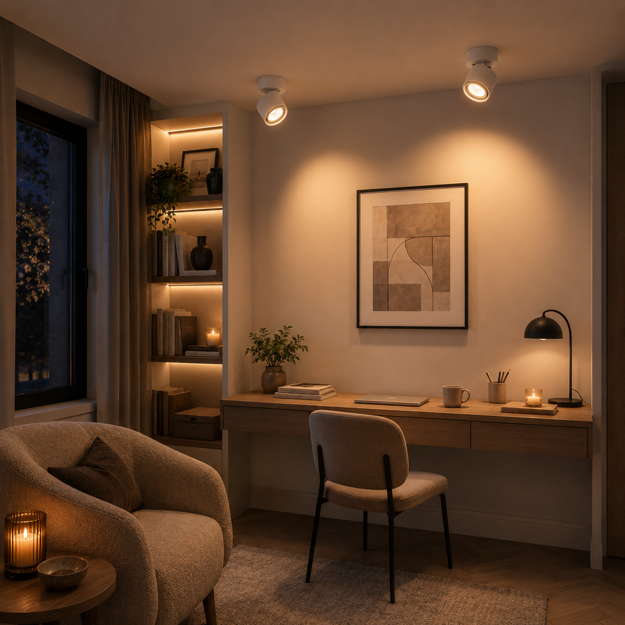 Hand adjusting round LED ceiling spotlight glowing warm white. 