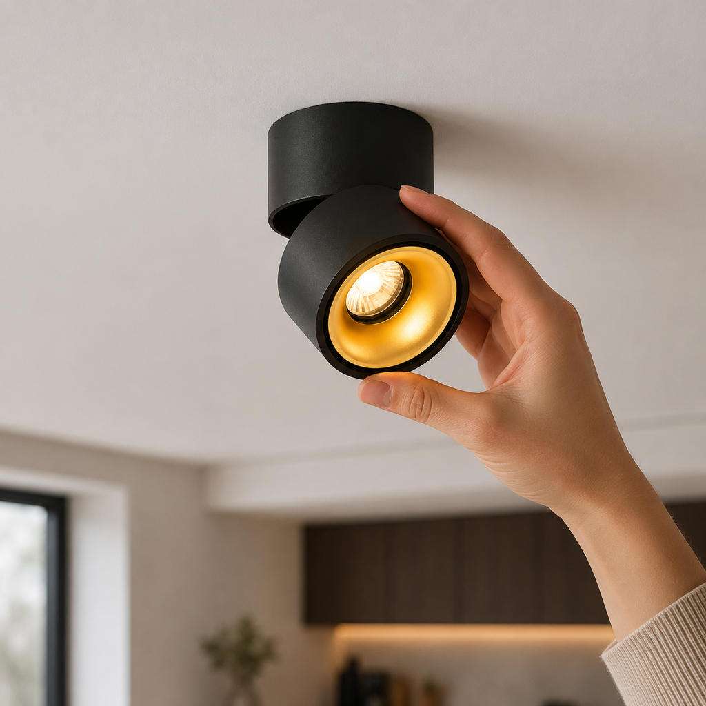 Hand adjusting round LED ceiling spotlight glowing warm white. 