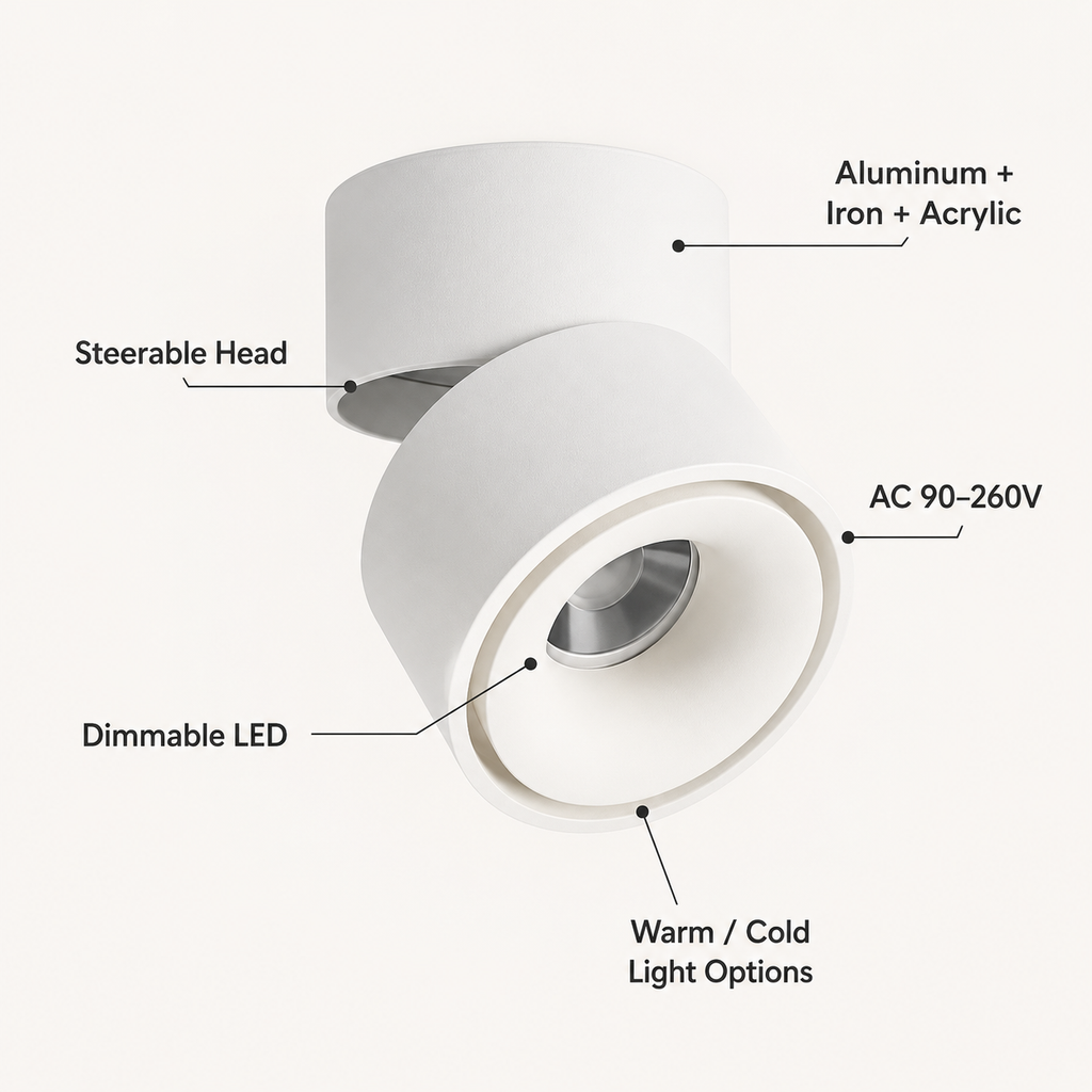 Hand adjusting round LED ceiling spotlight glowing warm white. 