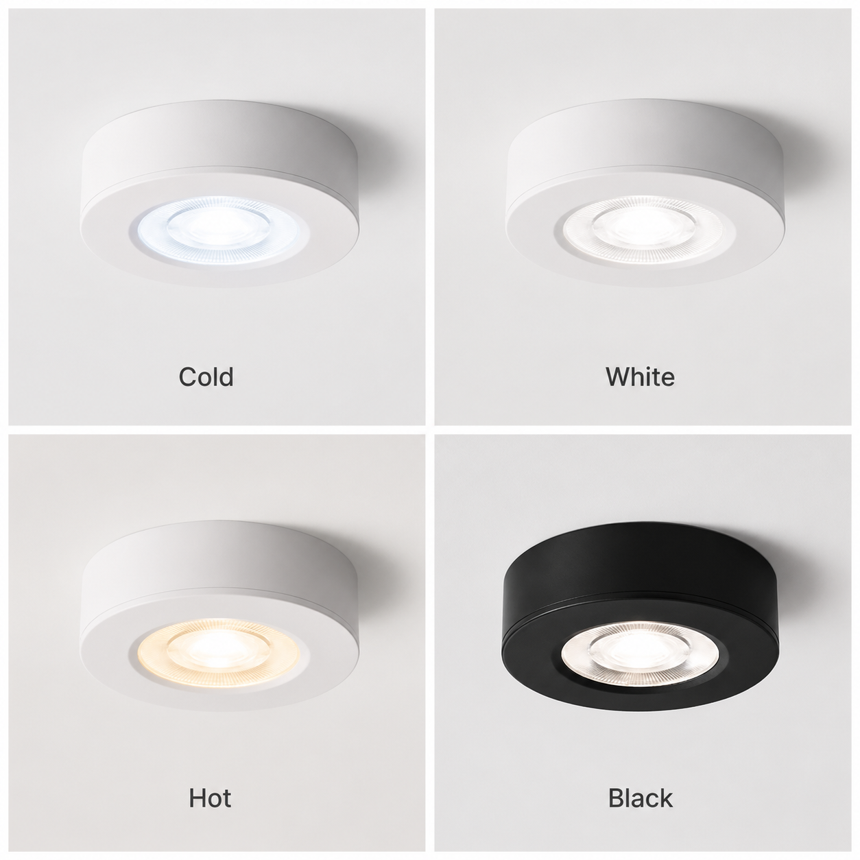 Ultra-thin round LED ceiling light shown in cold white, neutral white, warm white, and black variants.