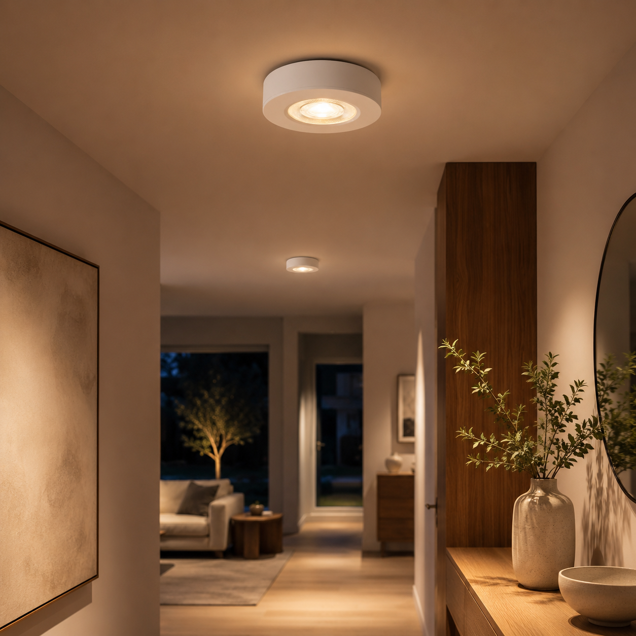 Ultra-thin round LED ceiling spotlights glowing warm white along a modern hallway with wooden furniture, wall art, and a decorative vase.