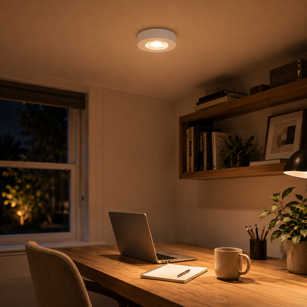 Ultra-thin white LED ceiling spotlight casting warm light over a modern home office at night.