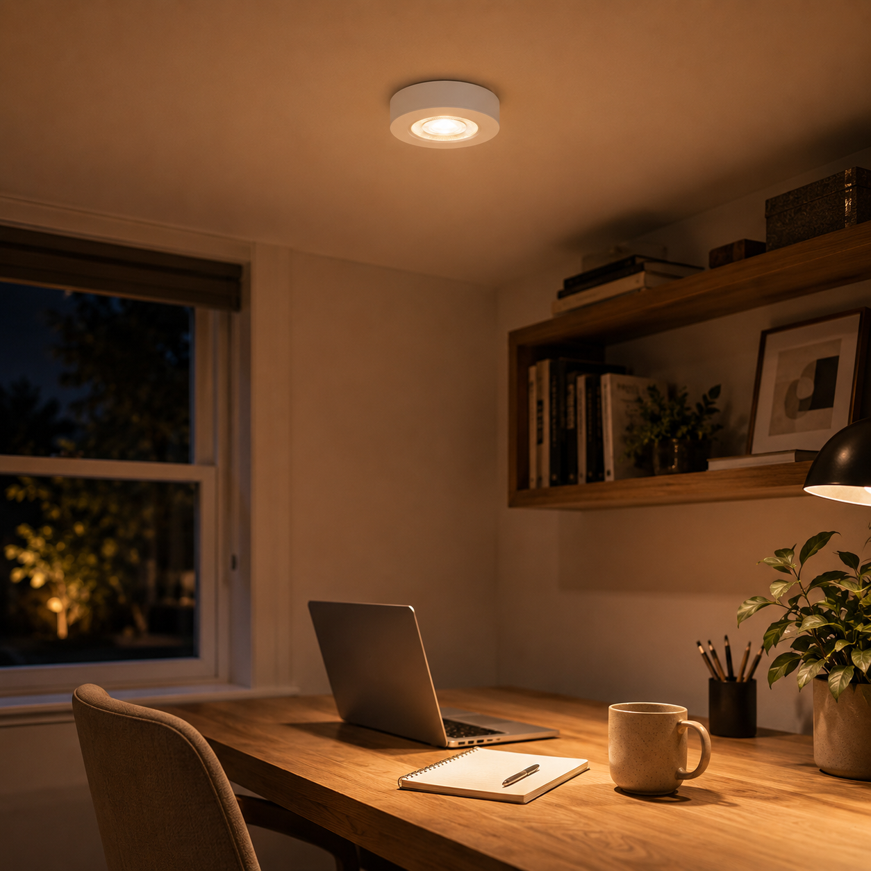 Ultra-thin white LED ceiling spotlight casting warm light over a modern home office at night.