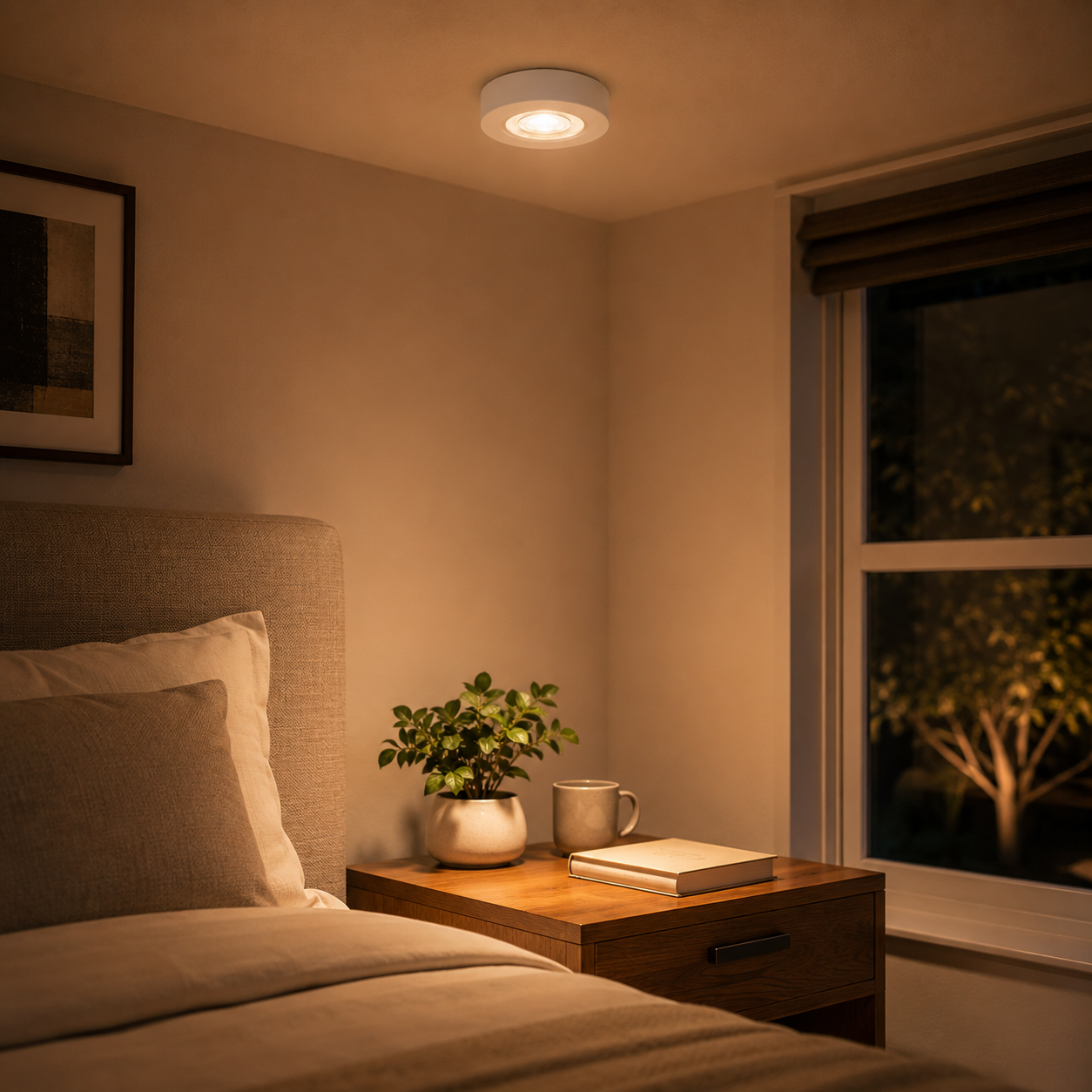 Ultra-thin round LED ceiling spotlight glowing warm white above a cozy bedroom with a bedside table, book, mug, and plant.