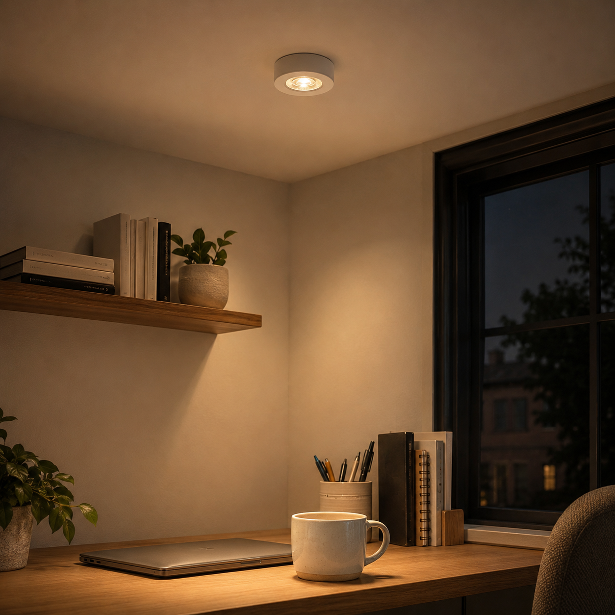 Ultra-thin round LED ceiling spotlight glowing warm white above a modern home office desk with a laptop, books, and mug.
