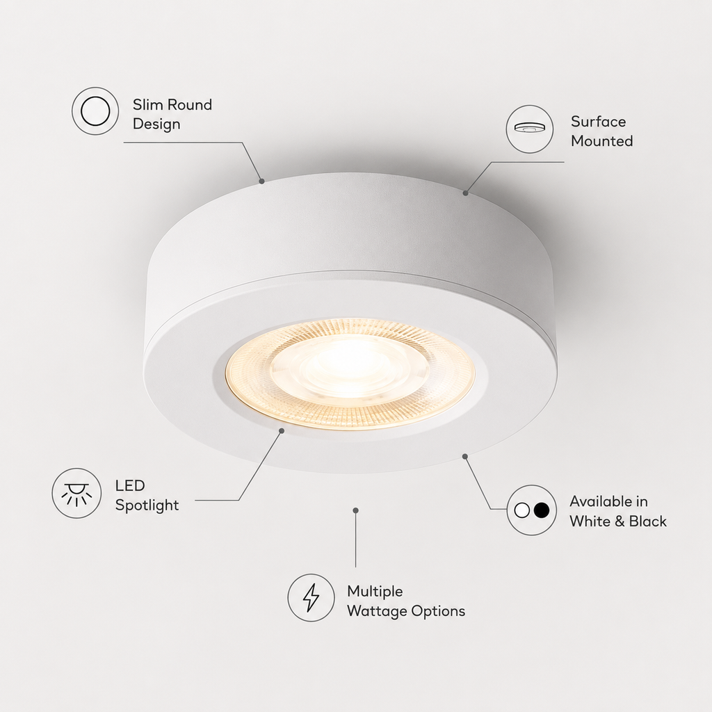 Ultra-thin round LED ceiling spotlight with a slim surface-mounted design, multiple wattage options, and white or black finishes.