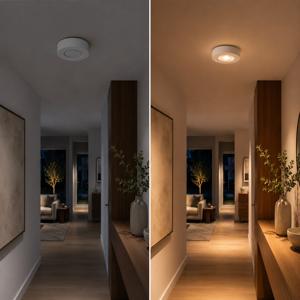 Ultra-thin round LED ceiling light shown off and glowing warm white in a modern hallway.