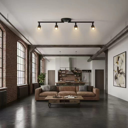 Black four head ceiling track light above an industrial style living room.