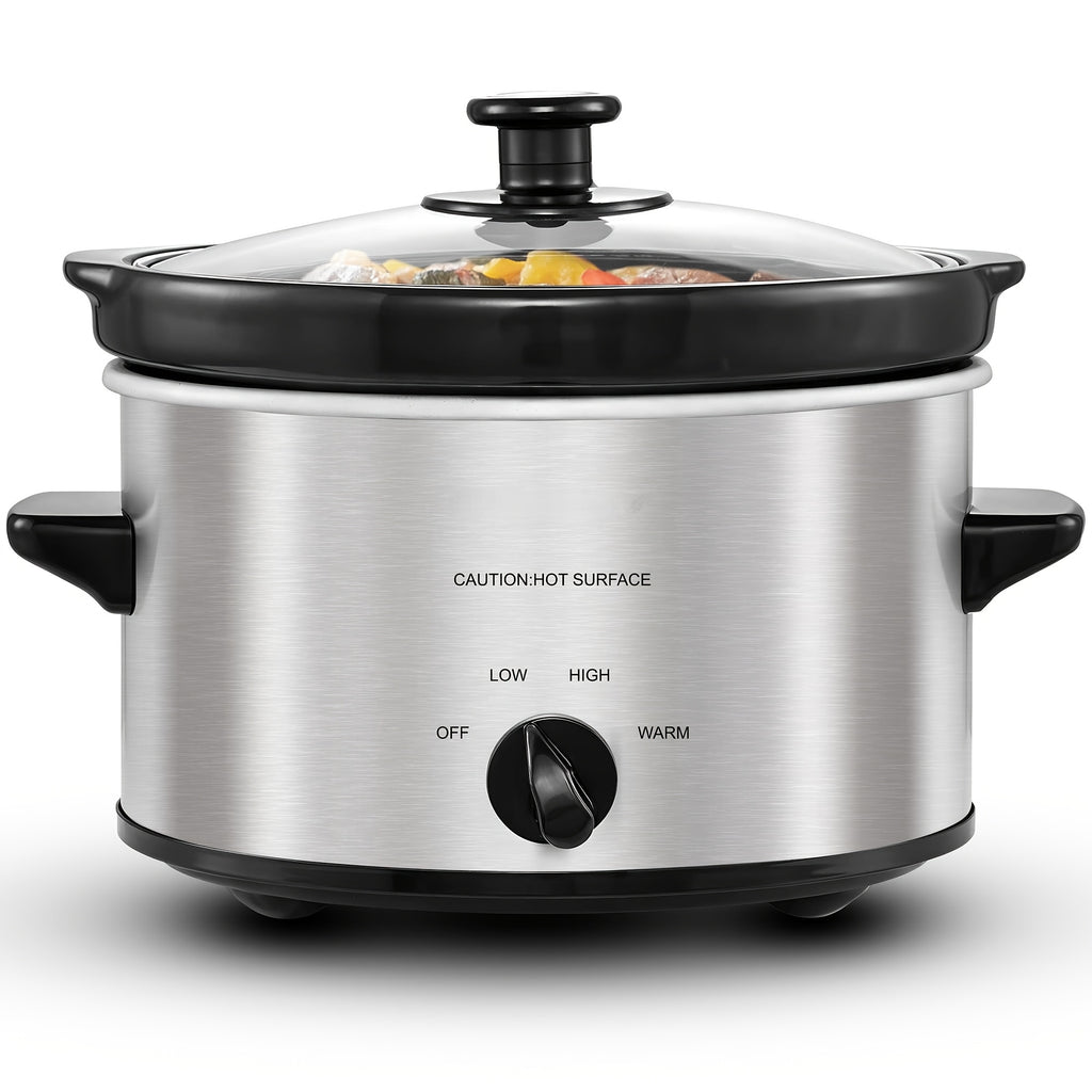 Silver slow cooker with glass lid and manual heat dial