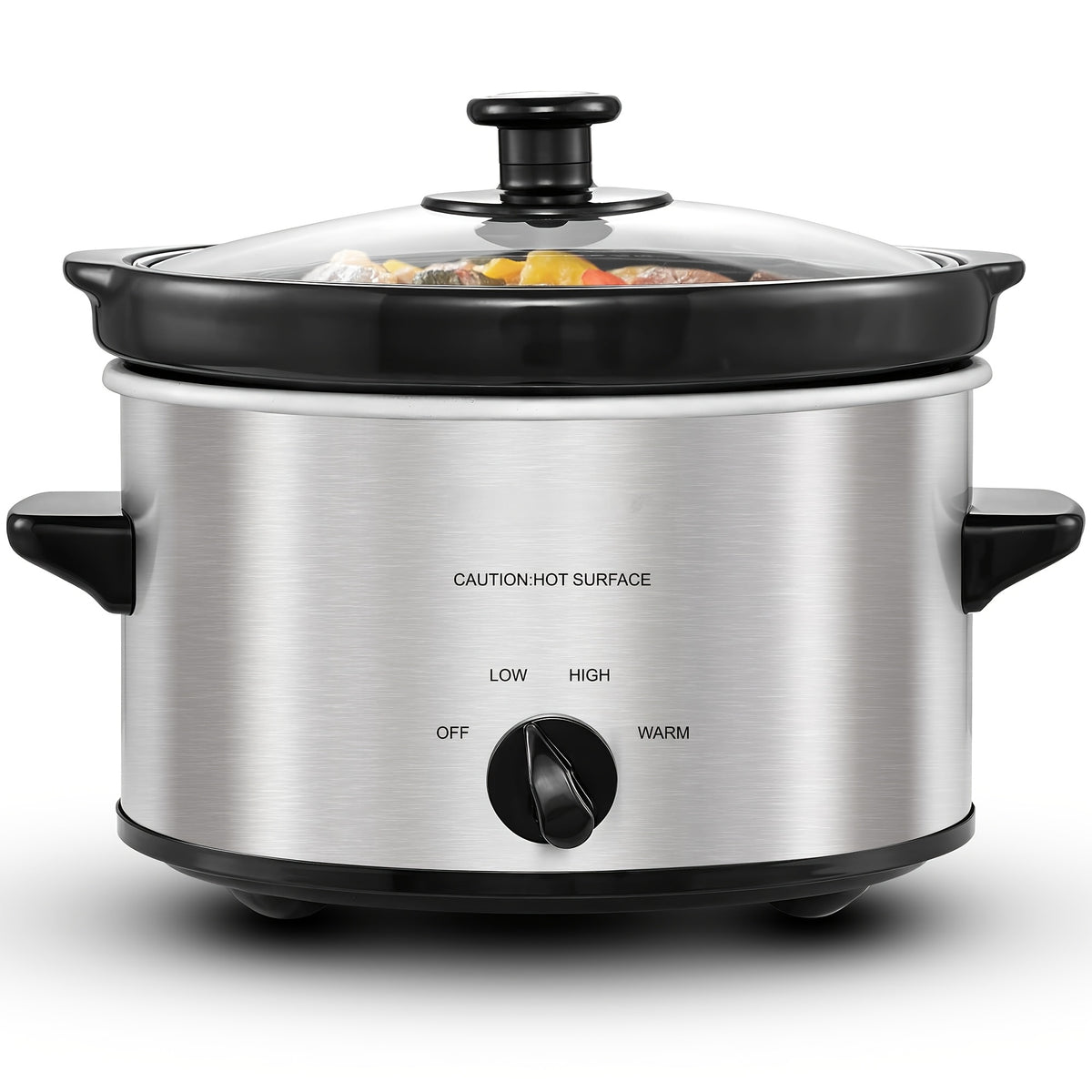 Silver slow cooker with glass lid and manual heat dial