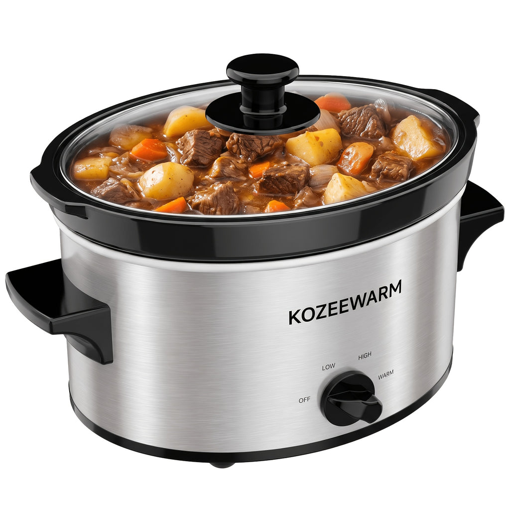 Silver 2 quart slow cooker with an open ceramic pot