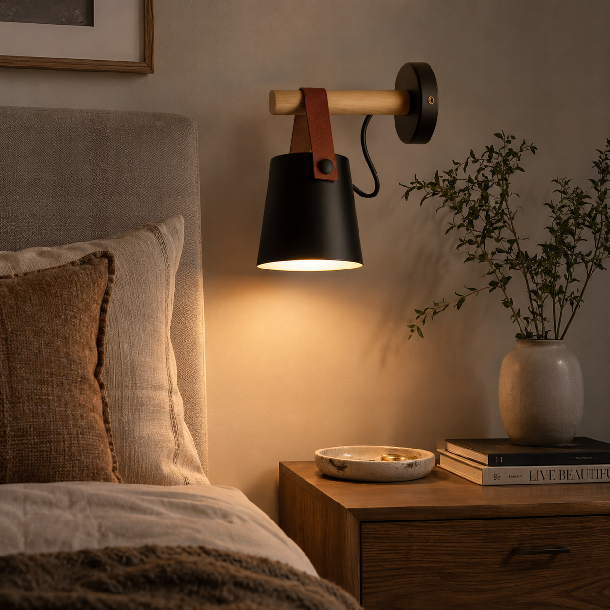 Wall sconce illuminated in a bedroom setting, casting downward light beside the bed.