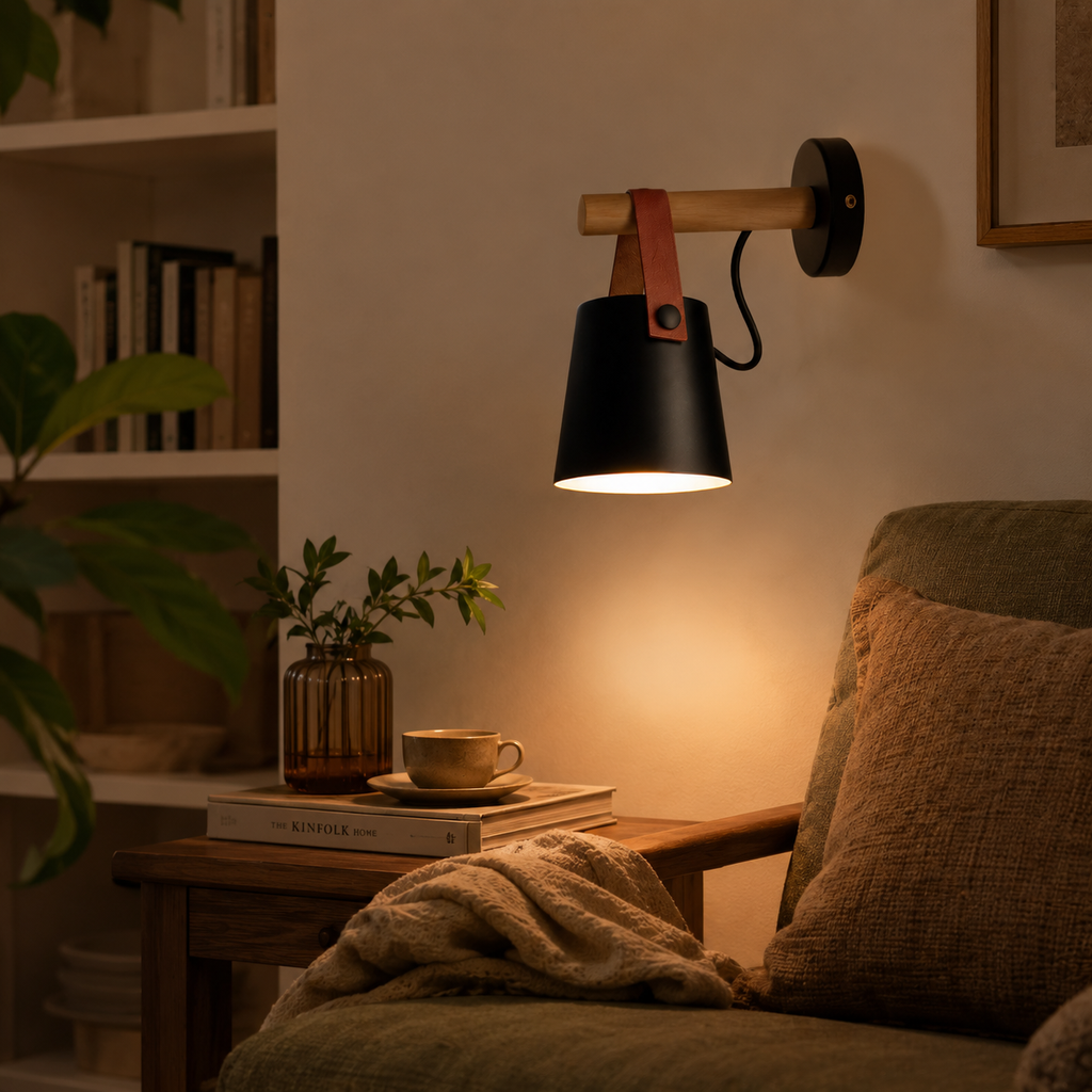 Wall sconce shown with nearby furniture to provide a clear visual sense of scale.