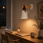 Wall sconce mounted above a nightstand, directing light toward the surface below.