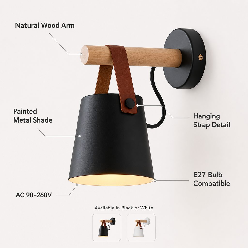 Wall sconce infographic showing E27 bulb use, AC power, downward light, and black or white finishes.