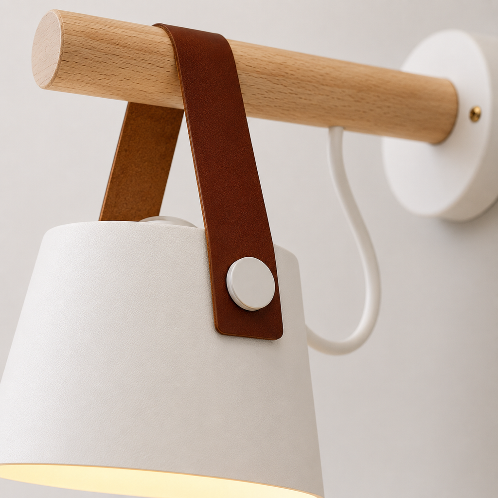 Wall sconce close-up showing the wood support, brown hanging strap, and painted iron shade.