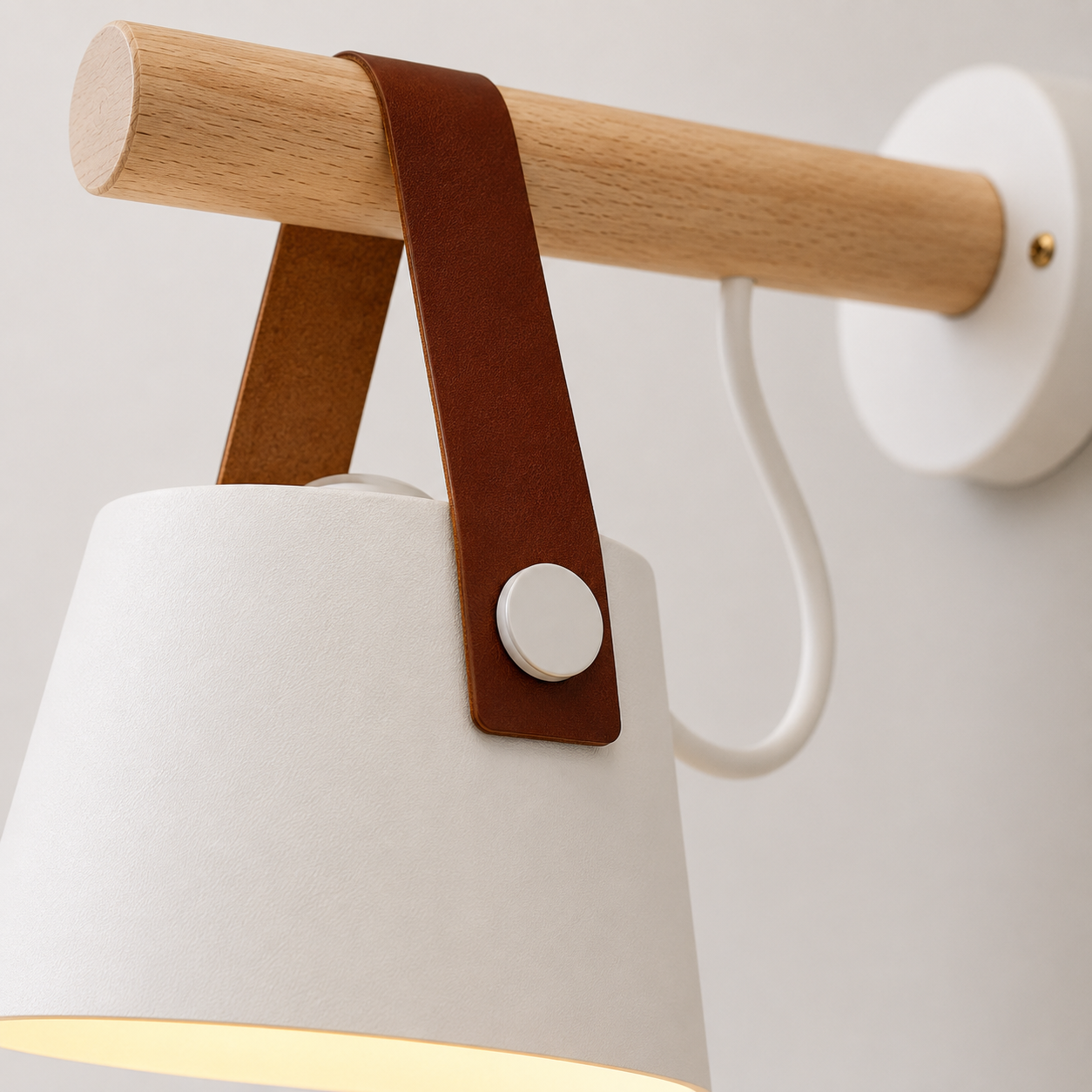 Wall sconce close-up showing the wood support, brown hanging strap, and painted iron shade.