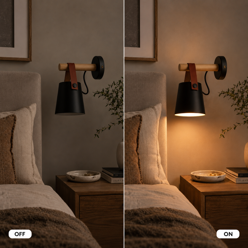 Wall sconce comparison showing the fixture switched off and illuminated with downward light.