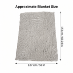 Chenille throw blanket size guide showing 127 by 153 centimeters and 50 by 60.24 inches