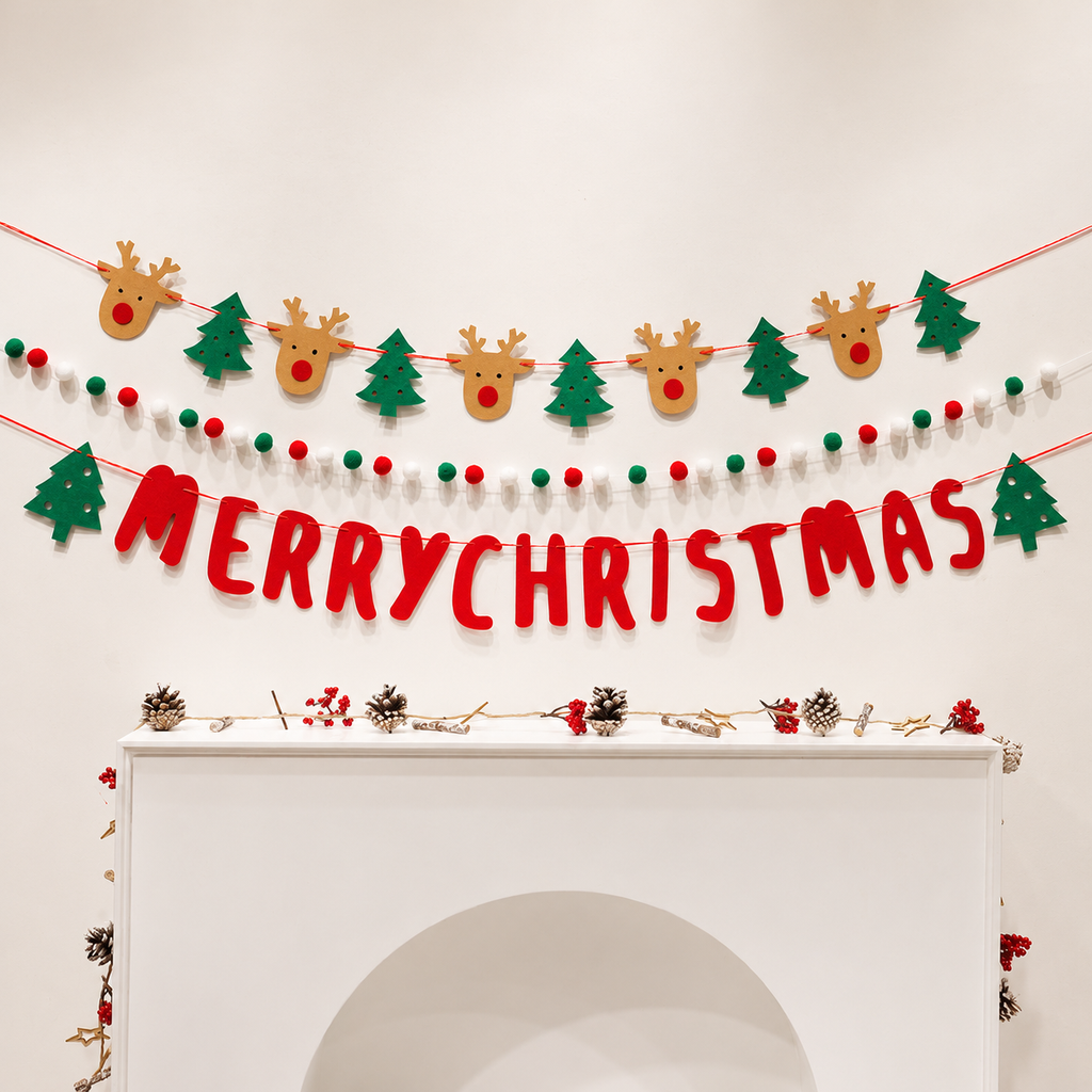 Christmas banner garland set with reindeer, trees, pom poms and Merry Christmas lettering.