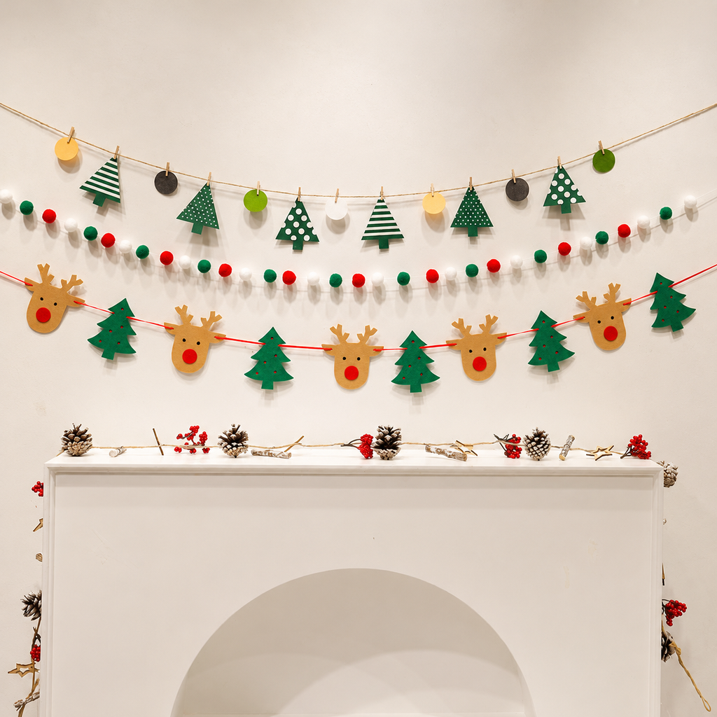 Christmas banner garland set with patterned trees, reindeer and pom poms.