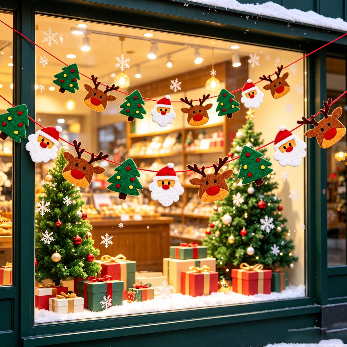 Christmas felt bunting garland displayed across a decorated shop window.