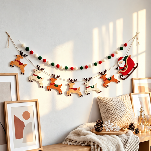 Christmas Felt Garland Set | Reindeer And Santa Sleigh Banner With Red, Green And White Pom Poms