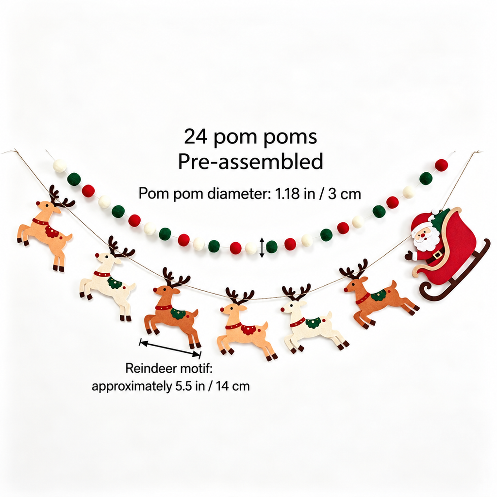 Christmas felt garland set product guide showing two strands and 24 pom poms.