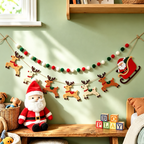 Christmas felt garland set displayed beside a Santa decoration and toy blocks.