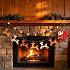 Christmas felt garland set hanging across a stone fireplace.