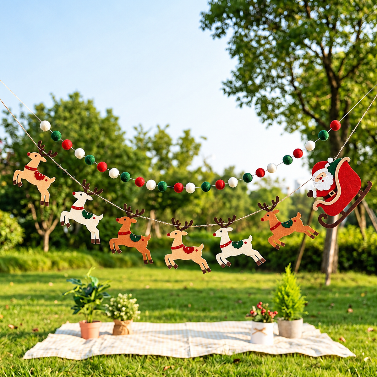 Christmas felt garland set hanging across a garden picnic display.
