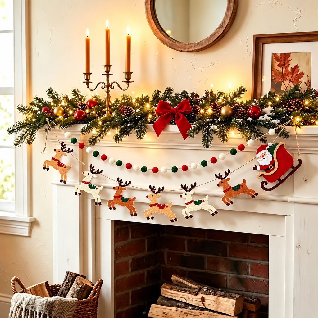 Christmas felt garland set arranged beneath greenery on a fireplace mantel.