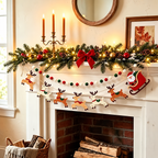 Christmas felt garland set arranged beneath greenery on a fireplace mantel.