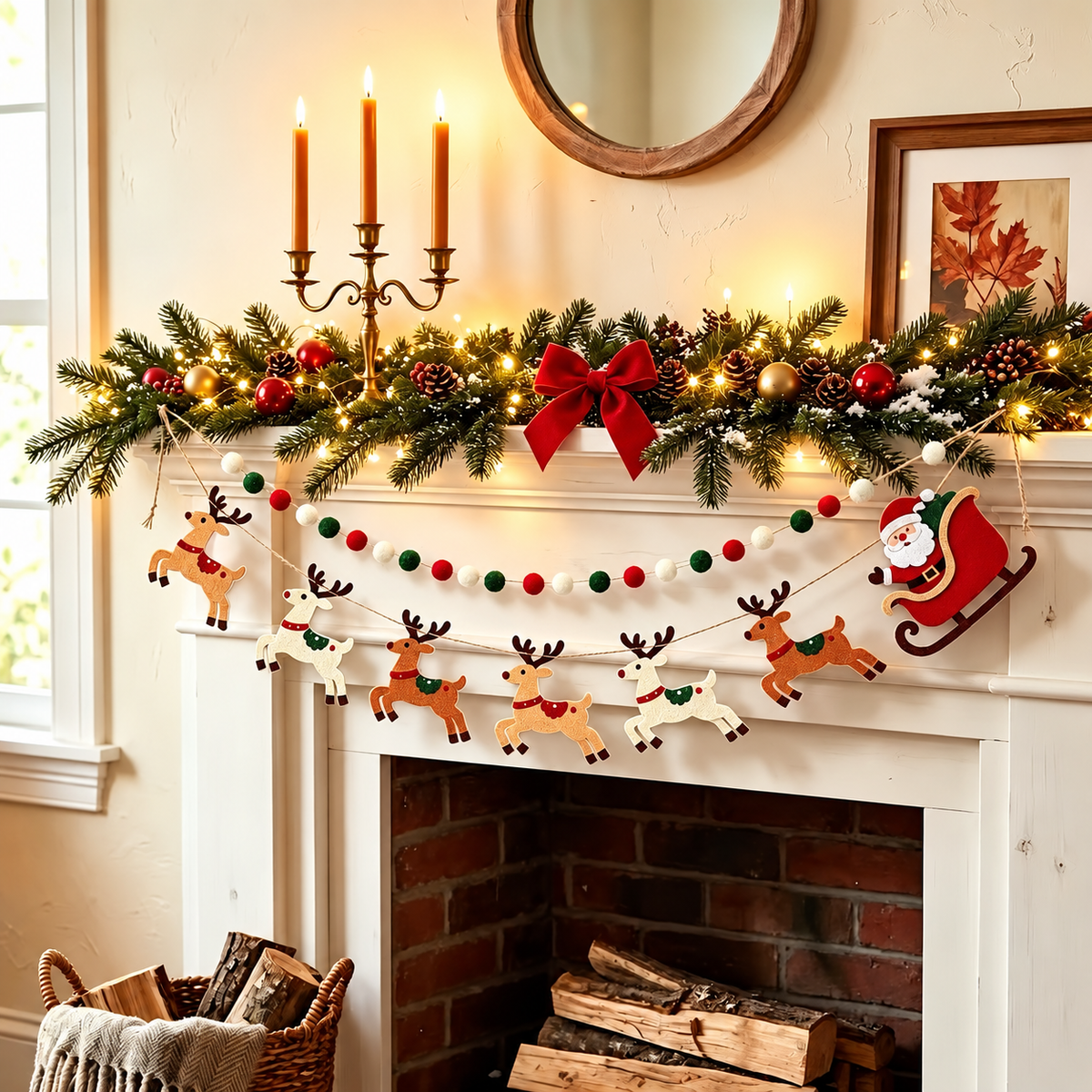 Christmas felt garland set arranged beneath greenery on a fireplace mantel.