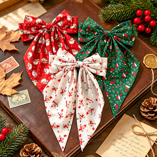 Christmas Print Bow Hair Clips | Three Long-Tail Fabric Bows With Santa And Snowman Motifs