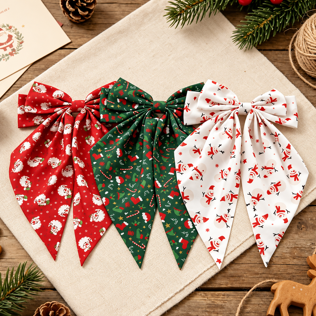 Christmas Print Bow Hair Clips — red, green and white printed bows