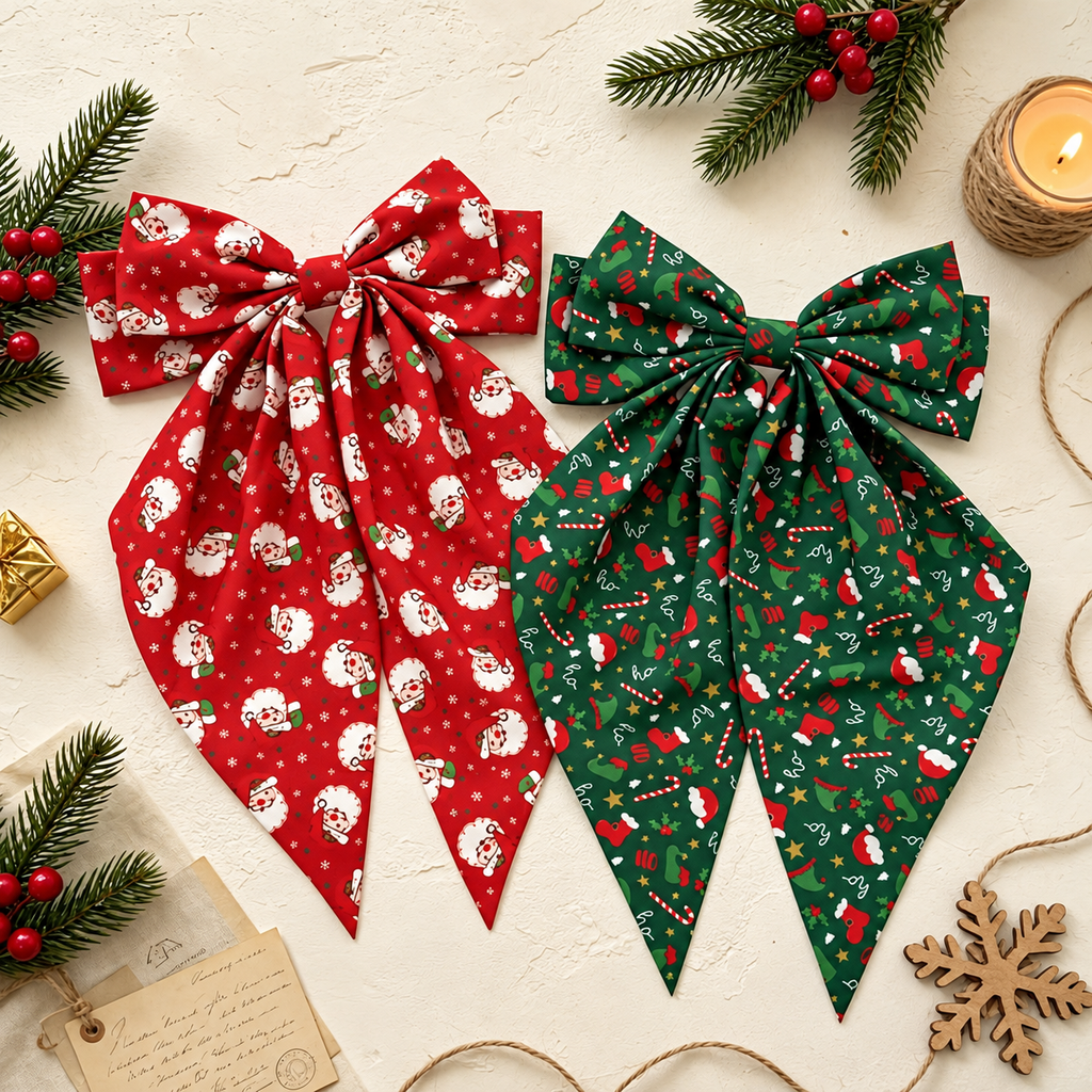 Christmas Print Bow Hair Clips — red and green holiday bow clips